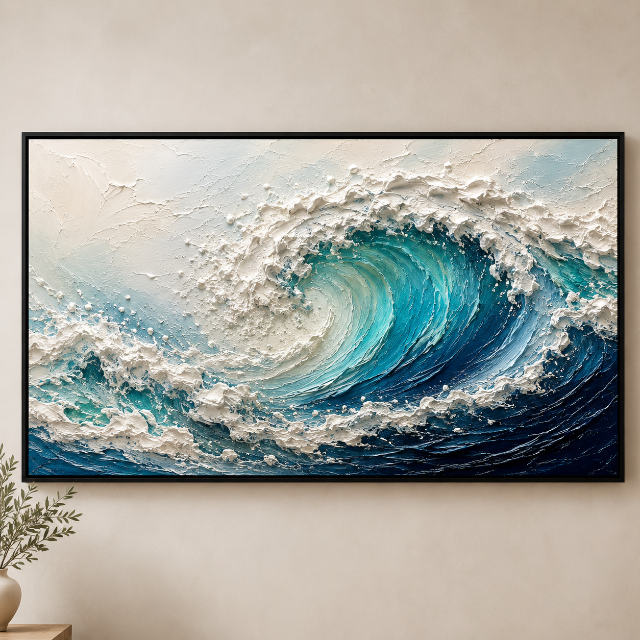 3D Textured Ocean Wave Oil Painting, Coastal Seascape Wall Art