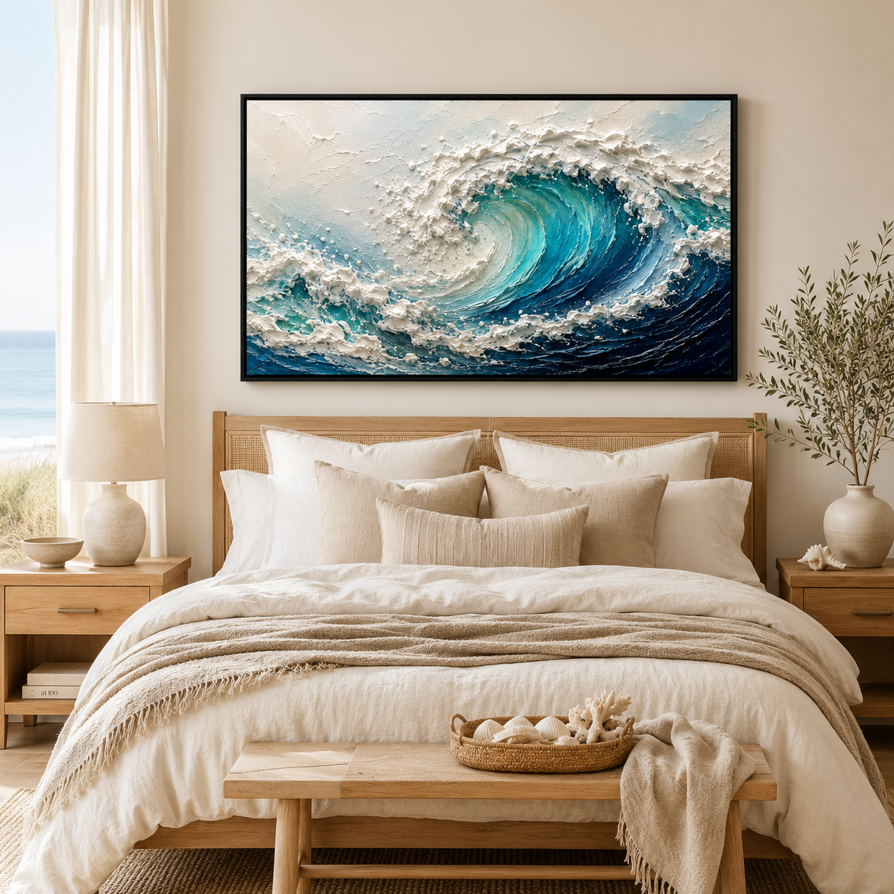 3D Textured Ocean Wave Oil Painting, Coastal Seascape Wall Art