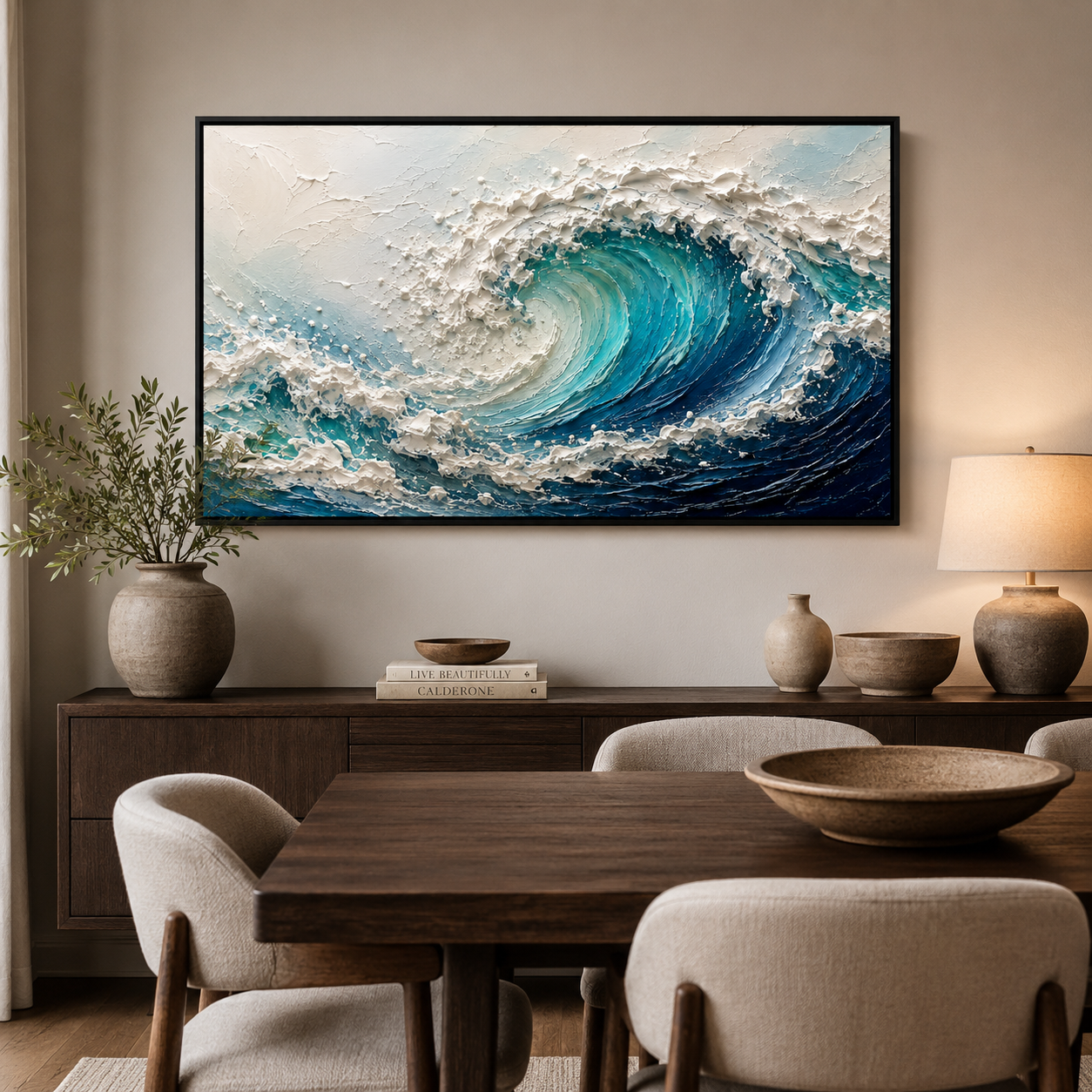 3D Textured Ocean Wave Oil Painting, Coastal Seascape Wall Art