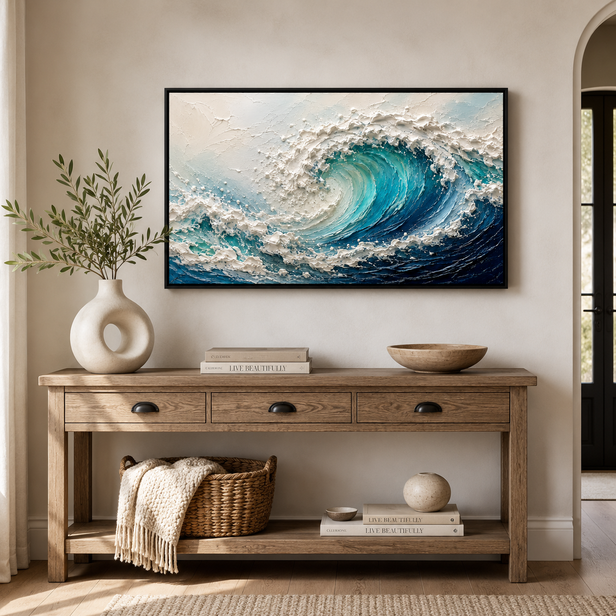 3D Textured Ocean Wave Oil Painting, Coastal Seascape Wall Art