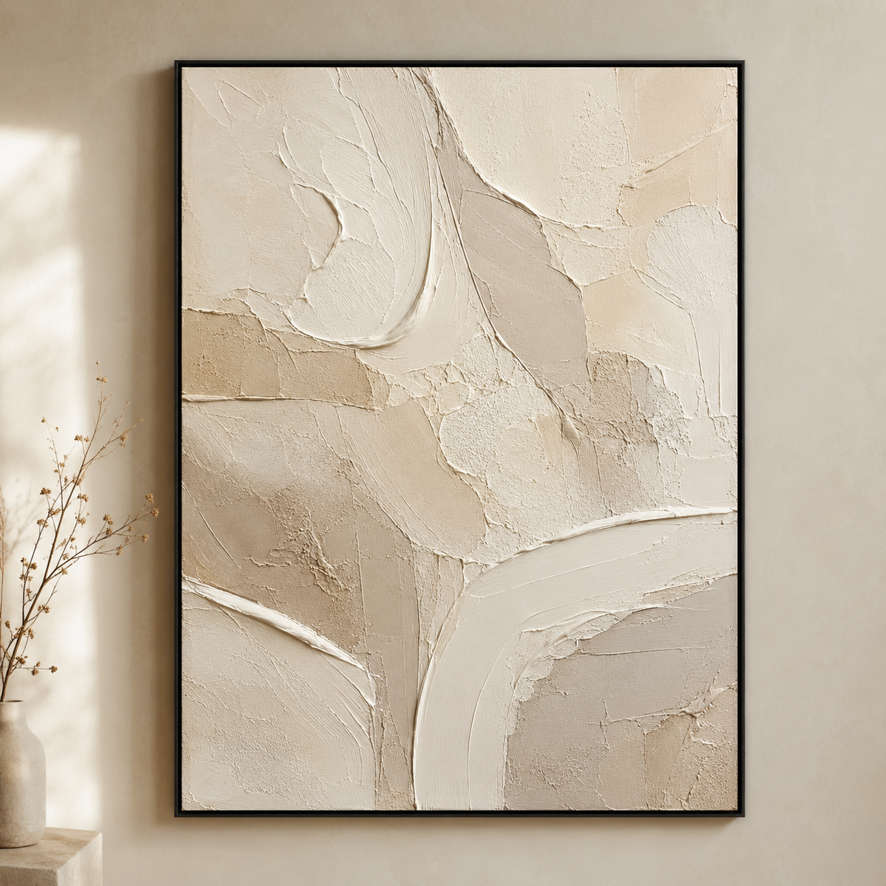Neutral Textured Abstract Oil Painting, Minimalist Beige Wall Art