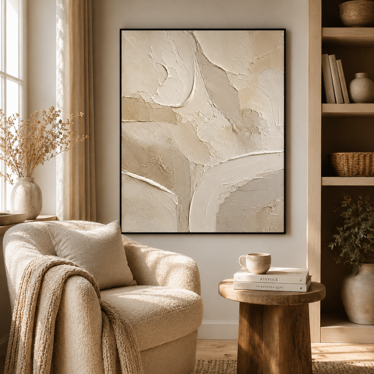 Neutral Textured Abstract Oil Painting, Minimalist Beige Wall Art
