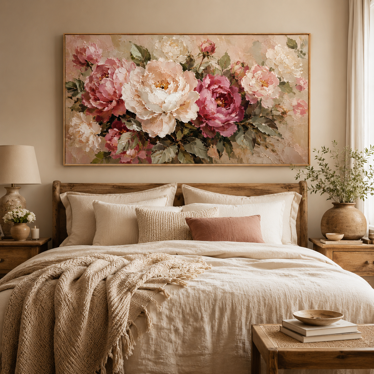 Peony Garden — Textured Floral Oil Painting, Pink & Cream Roses Wall Art