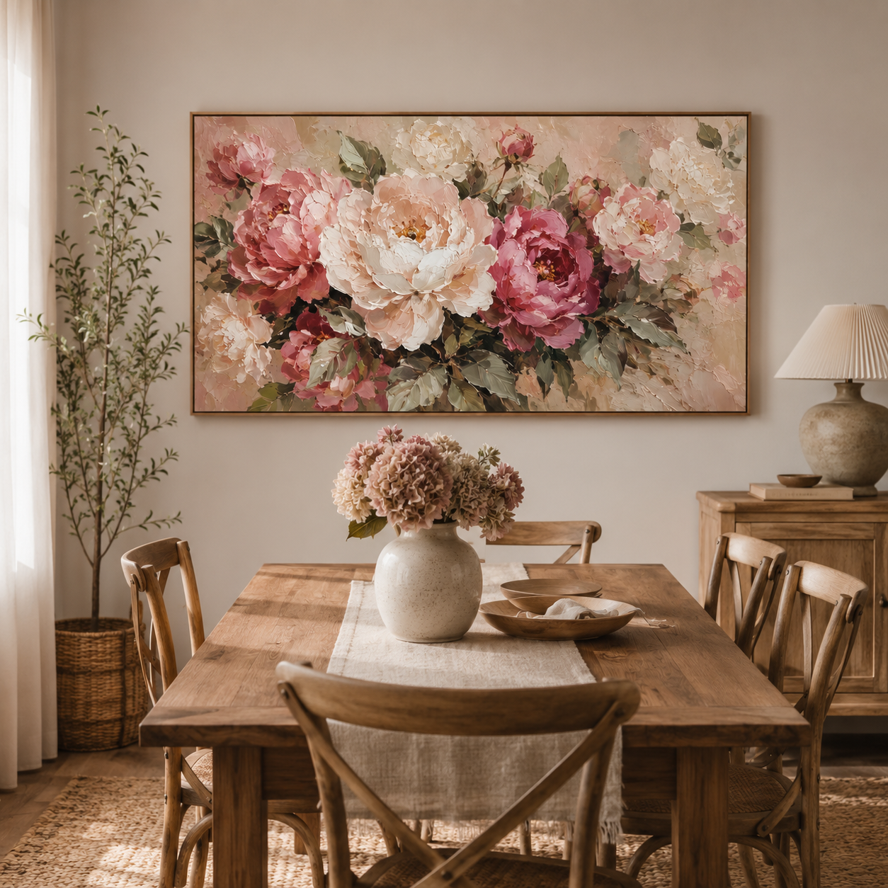 Peony Garden — Textured Floral Oil Painting, Pink & Cream Roses Wall Art