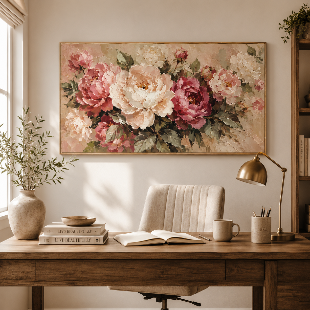 Peony Garden — Textured Floral Oil Painting, Pink & Cream Roses Wall Art