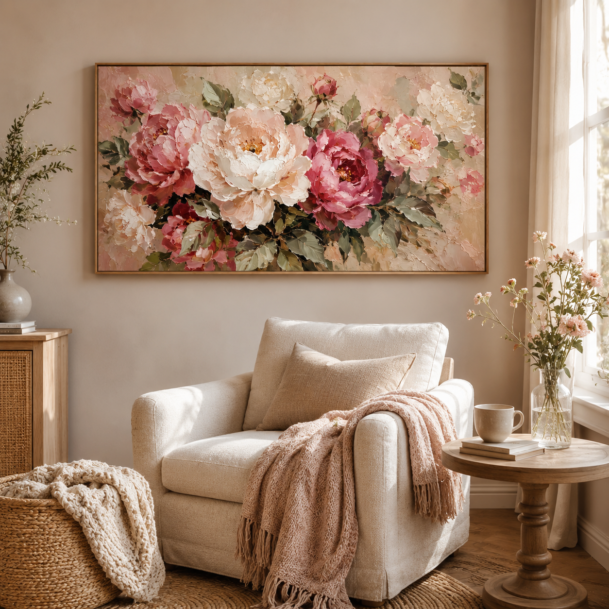 Peony Garden — Textured Floral Oil Painting, Pink & Cream Roses Wall Art