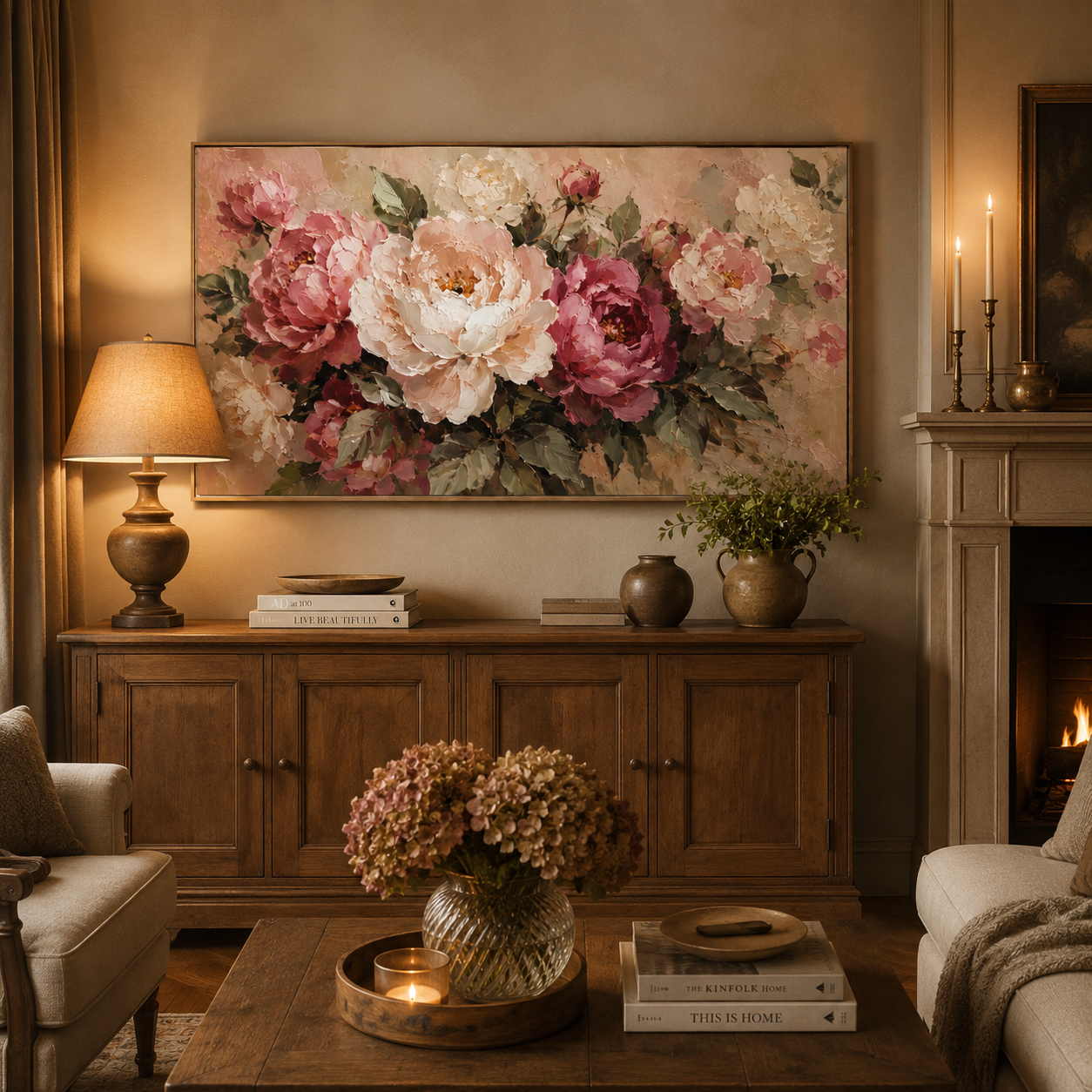 Peony Garden — Textured Floral Oil Painting, Pink & Cream Roses Wall Art