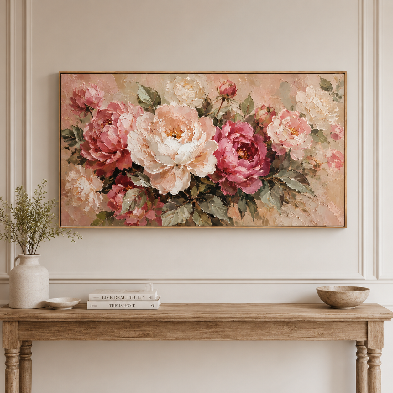Peony Garden — Textured Floral Oil Painting, Pink & Cream Roses Wall Art