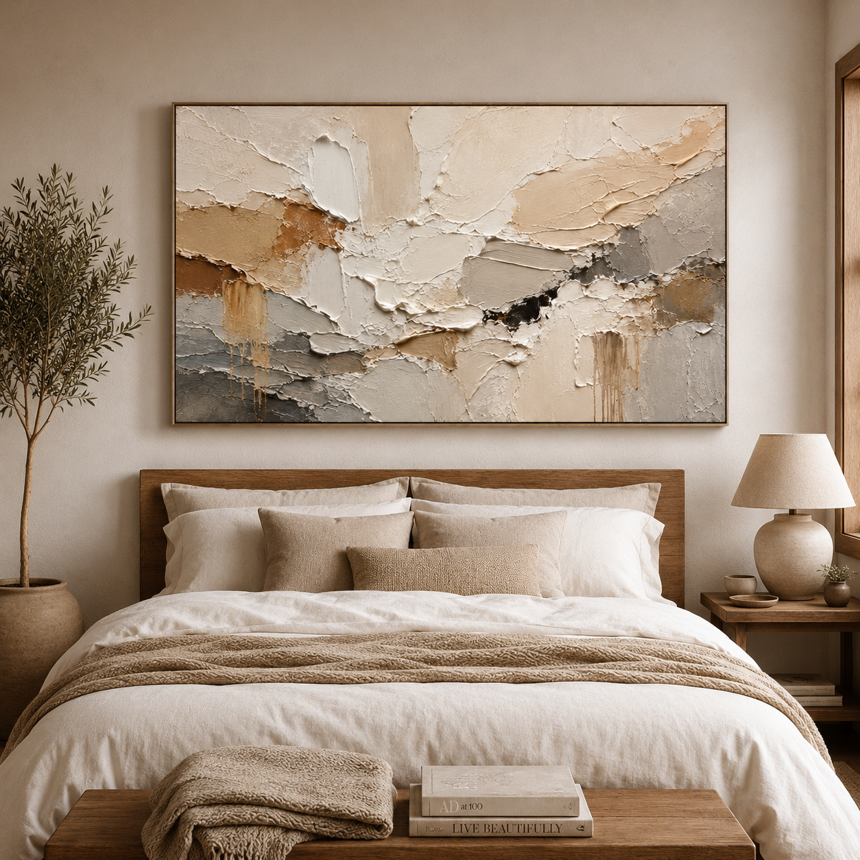 Earthen Drift — Textured Abstract Oil Painting, Neutral Beige & Grey Wall Art