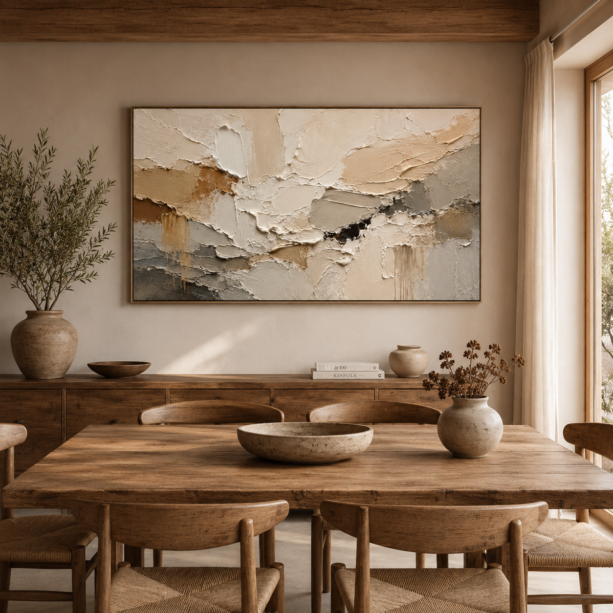Earthen Drift — Textured Abstract Oil Painting, Neutral Beige & Grey Wall Art
