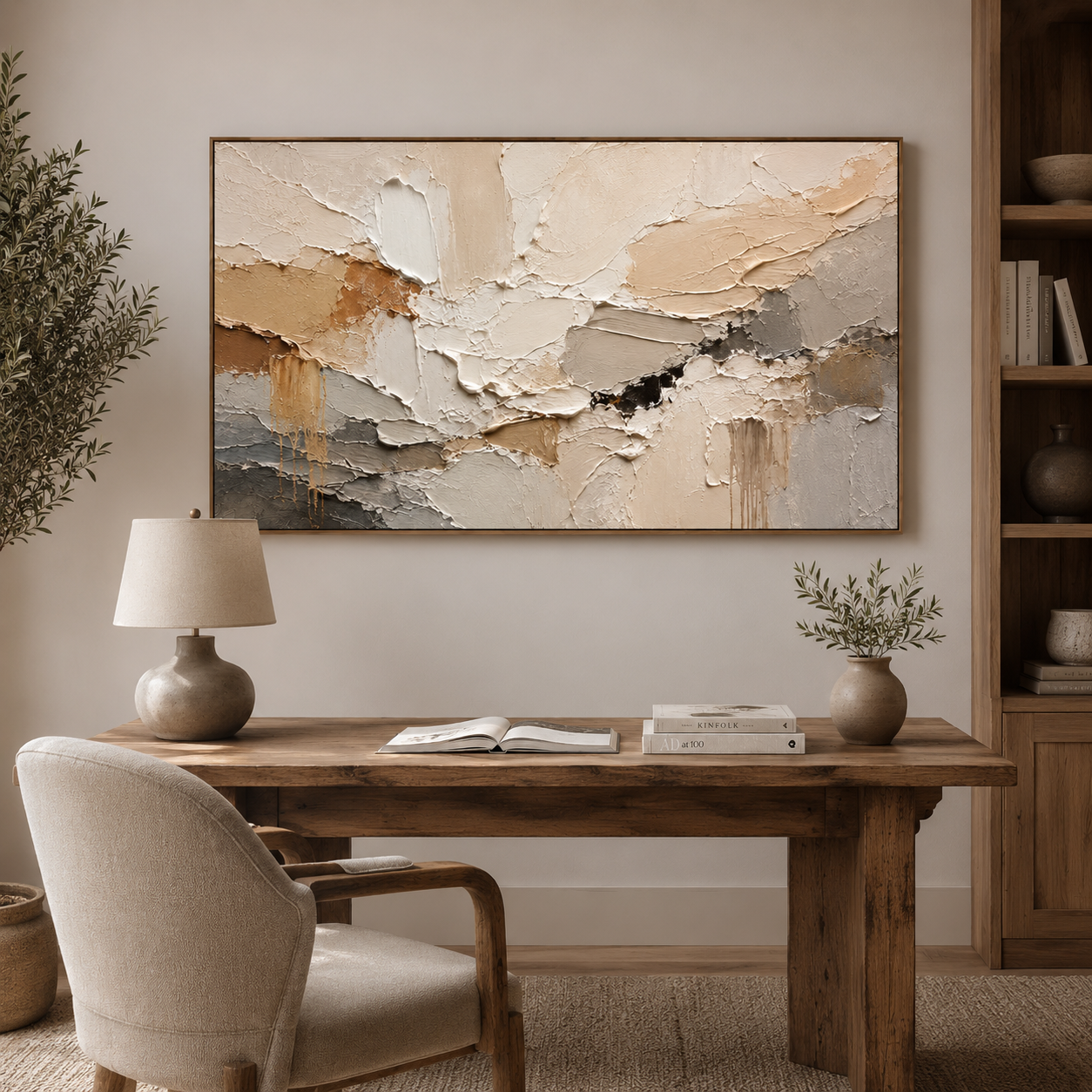Earthen Drift — Textured Abstract Oil Painting, Neutral Beige & Grey Wall Art