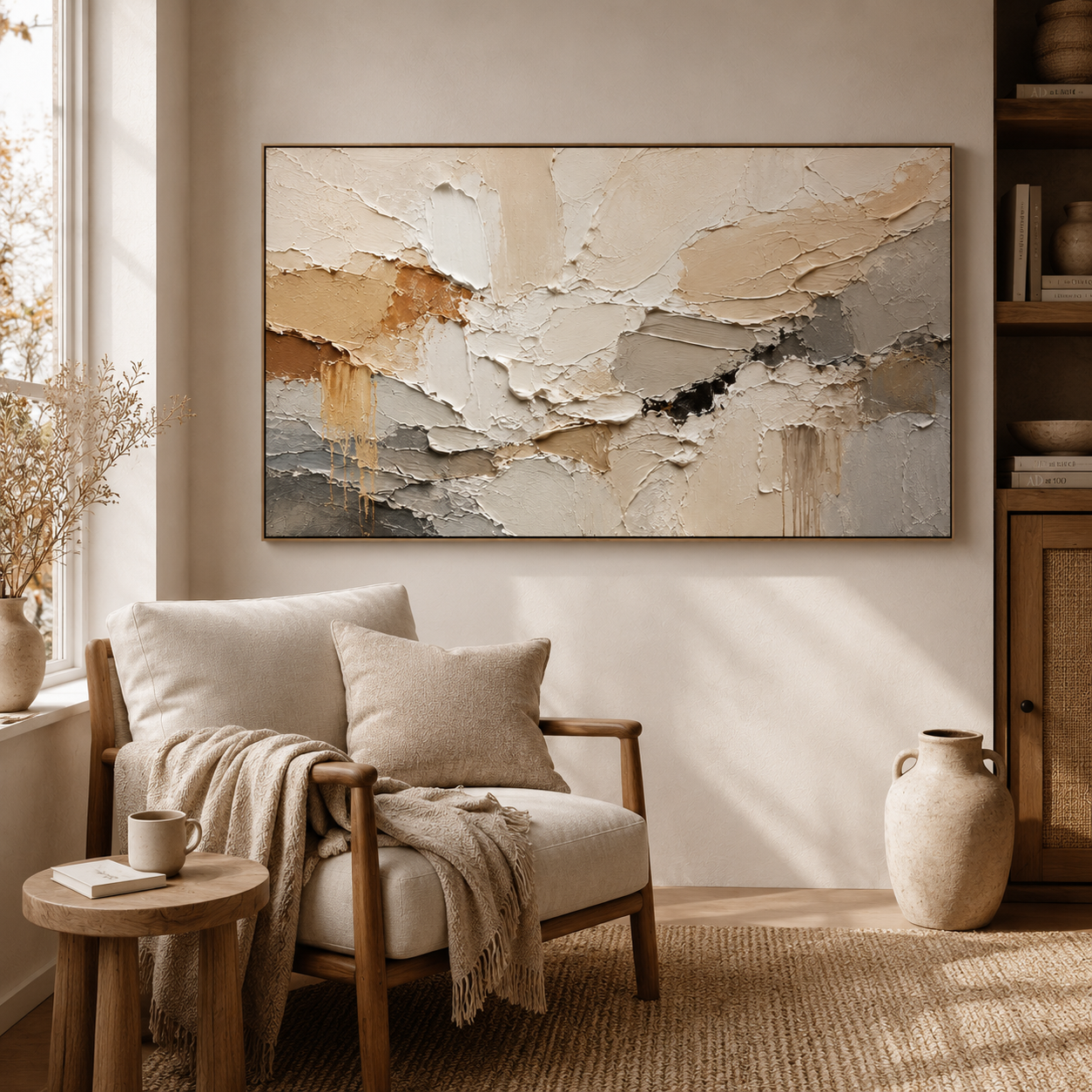 Earthen Drift — Textured Abstract Oil Painting, Neutral Beige & Grey Wall Art
