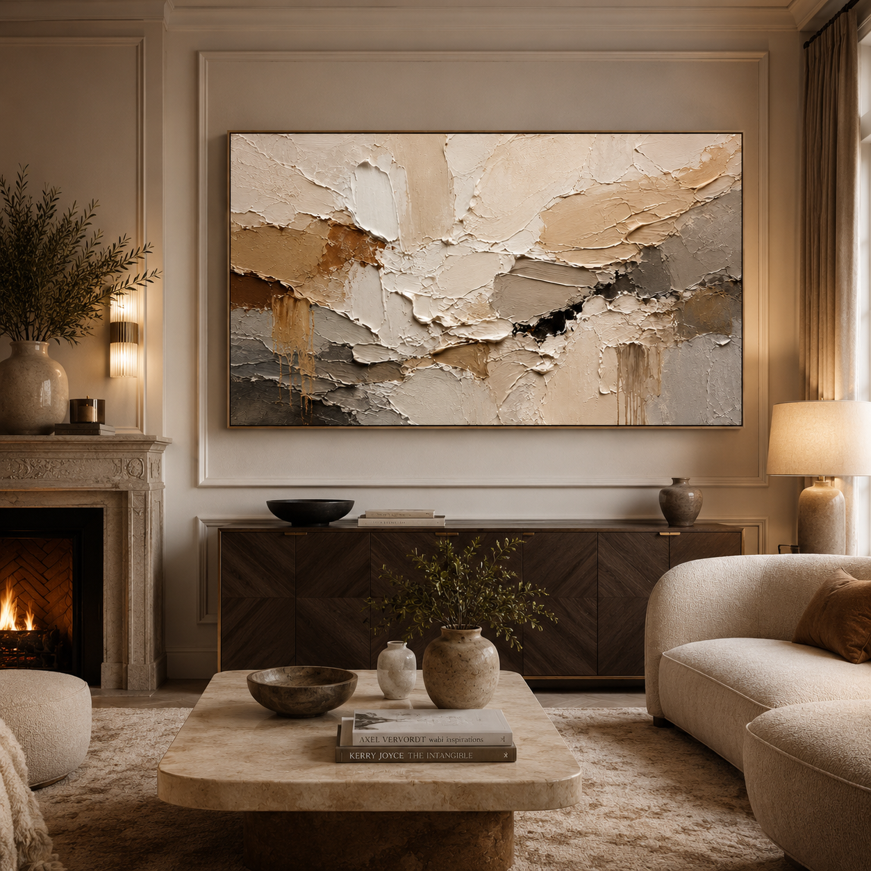 Earthen Drift — Textured Abstract Oil Painting, Neutral Beige & Grey Wall Art