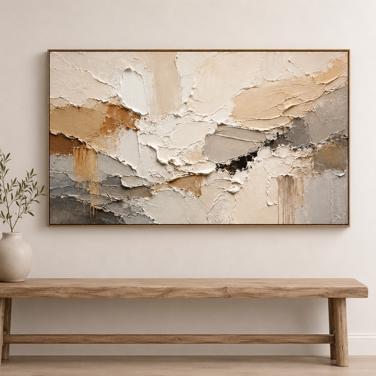 Earthen Drift — Textured Abstract Oil Painting, Neutral Beige & Grey Wall Art