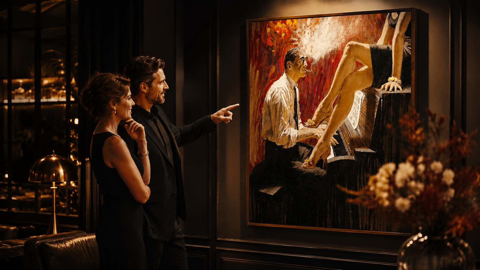 Jazz Noir — Original Oil Painting Print | Pianist & Muse Wall Art | Vintage Noir Style Canvas Art
