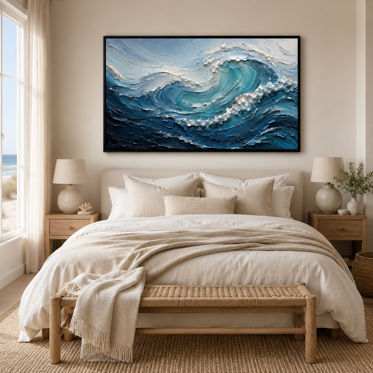 Textured Ocean Wave Oil Painting, Coastal Seascape Wall Art