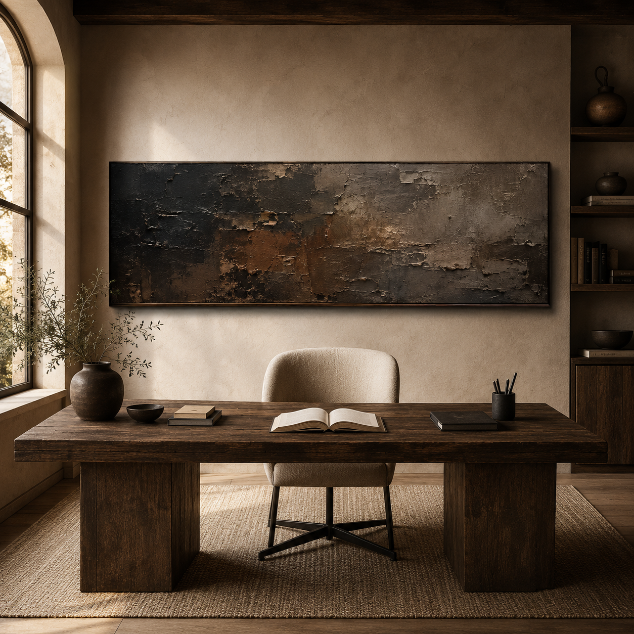 Nocturne Layers - Textured Abstract Oil Painting, Dark Neutral Wall Art - detail view 4
