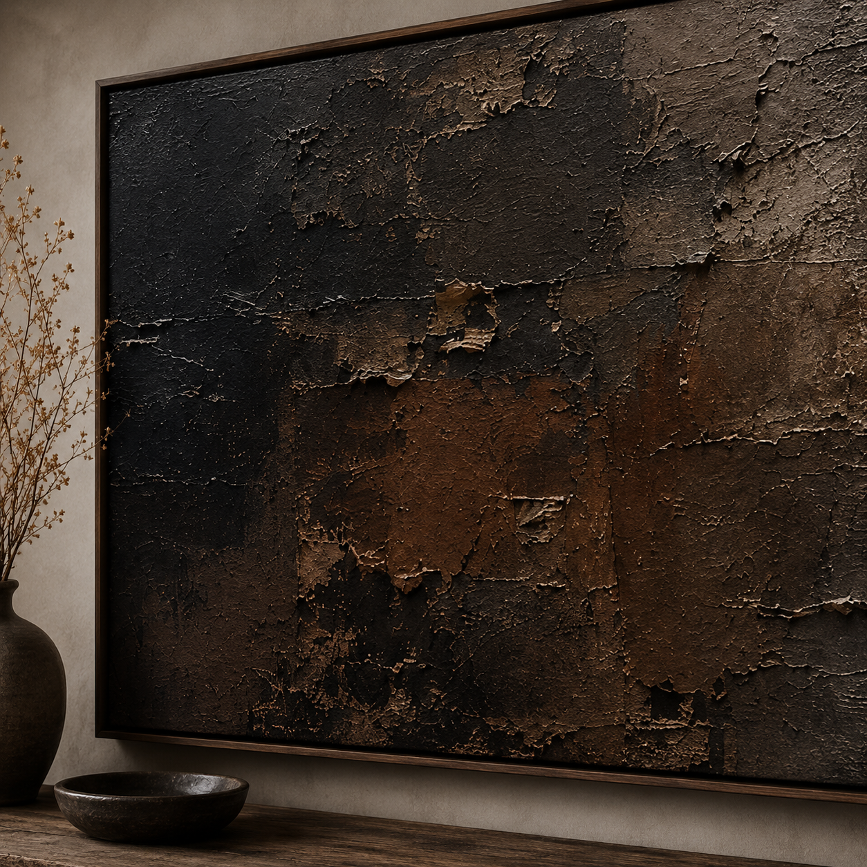 Nocturne Layers - Textured Abstract Oil Painting, Dark Neutral Wall Art - detail view 8
