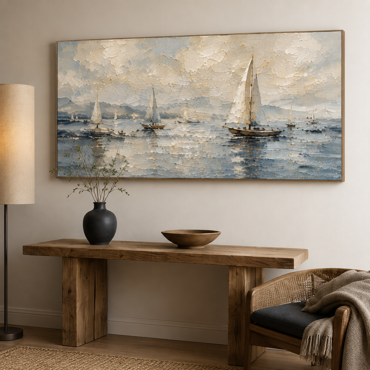 Quiet Sail - Textured Sailboat Oil Painting, Coastal Seascape Wall Art - detail view 4