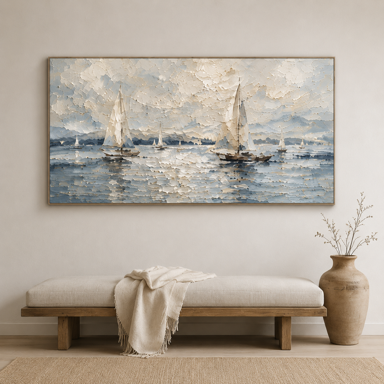Quiet Sail - Textured Sailboat Oil Painting, Coastal Seascape Wall Art - detail view 5