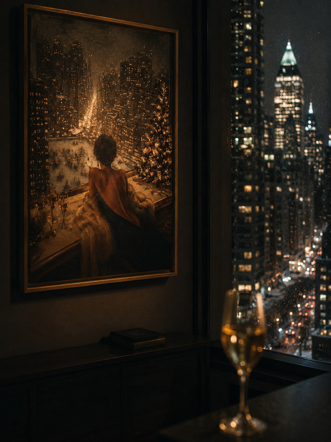 Midnight Noel in the City - Original Oil Painting, Snowy Skyline Wall Art