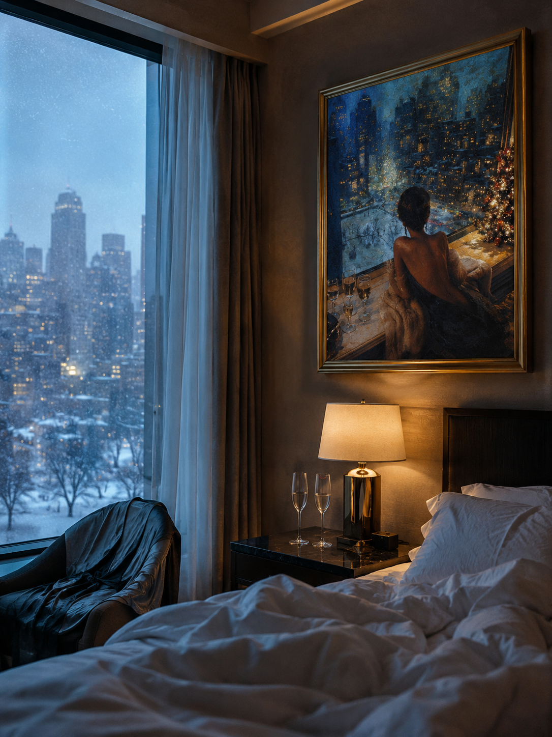 Midnight Noel in the City - Original Oil Painting, Snowy Skyline Wall Art