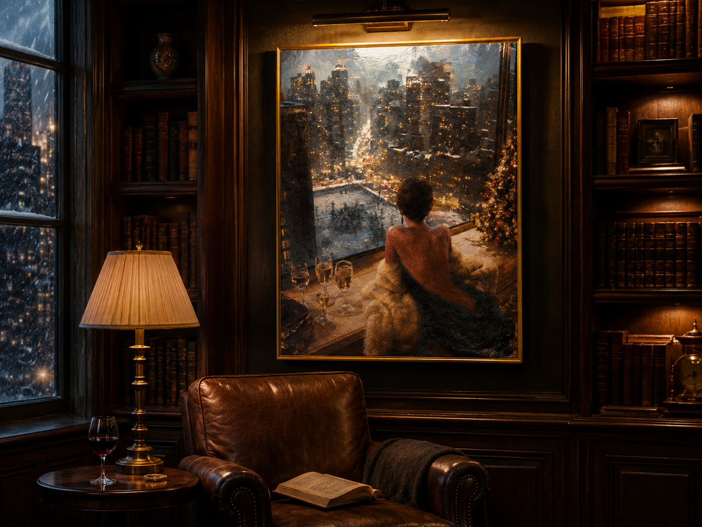 Midnight Noel in the City - Original Oil Painting, Snowy Skyline Wall Art