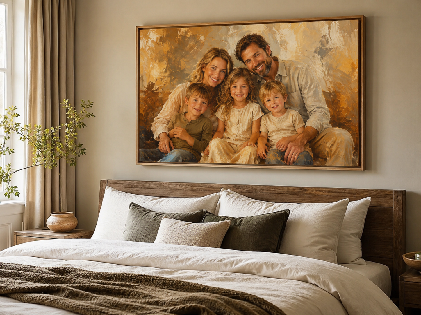 Custom family oil portrait print - family of five above bed in warm bedroom