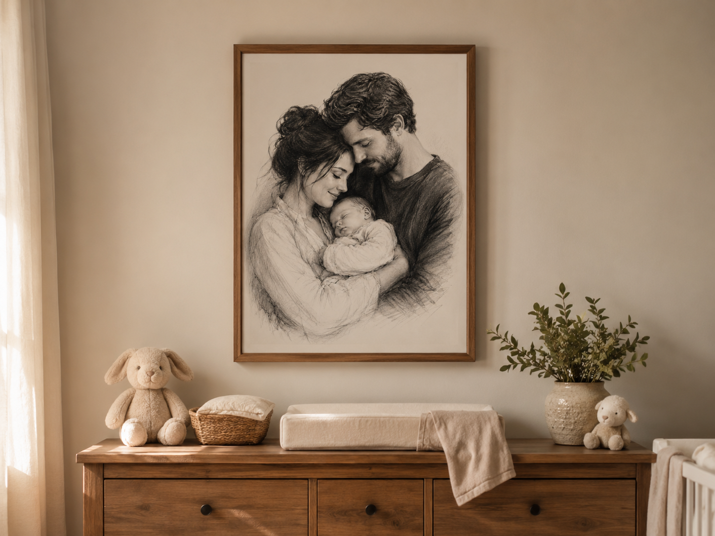 Custom family charcoal portrait - close up framed in natural wood couple with newborn detail