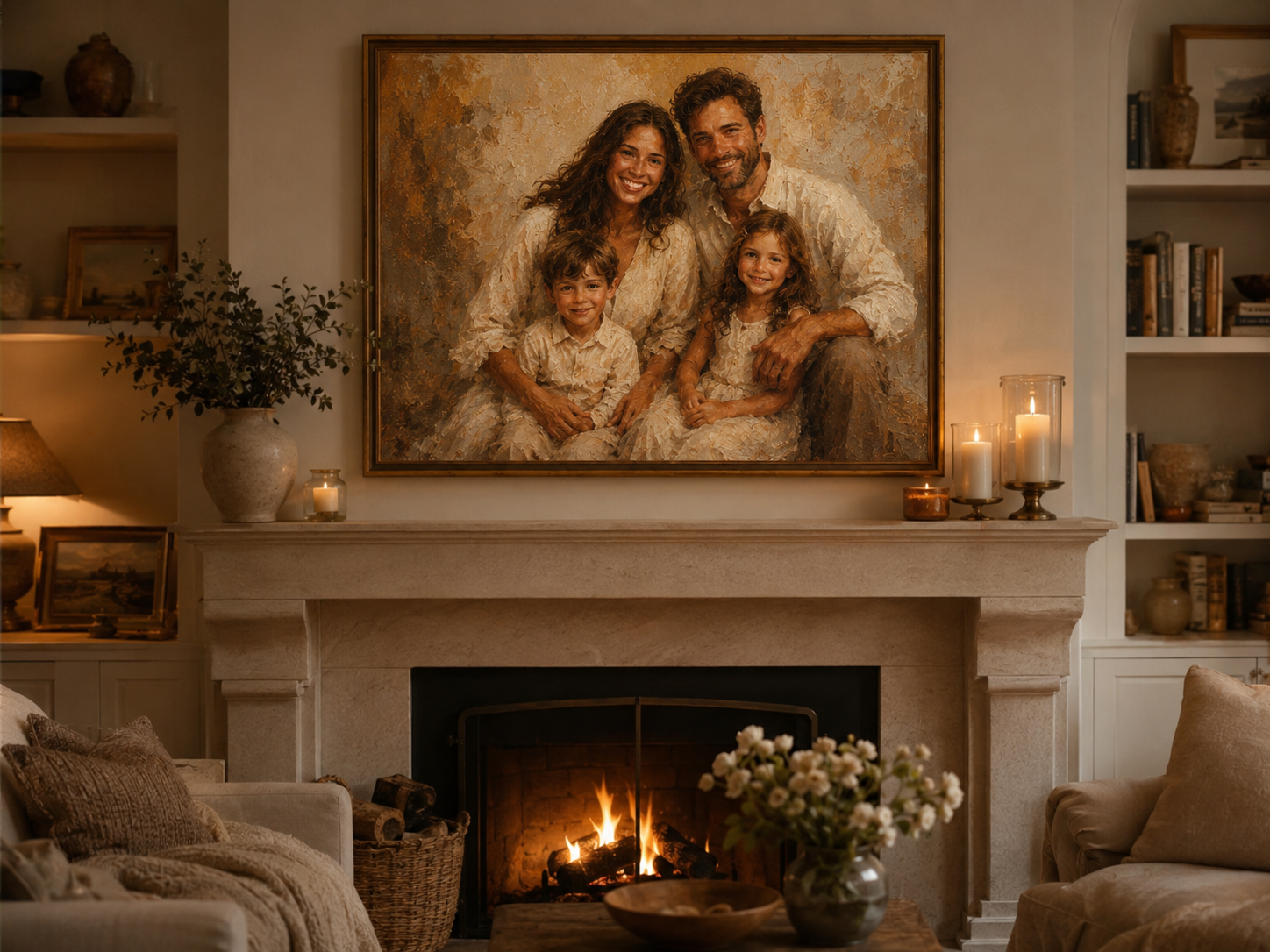 Custom family oil portrait print - family of four above fireplace warm candlelit room