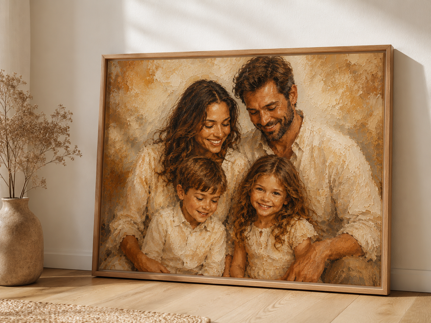Custom family oil portrait print - leaning against wall in natural wood float frame