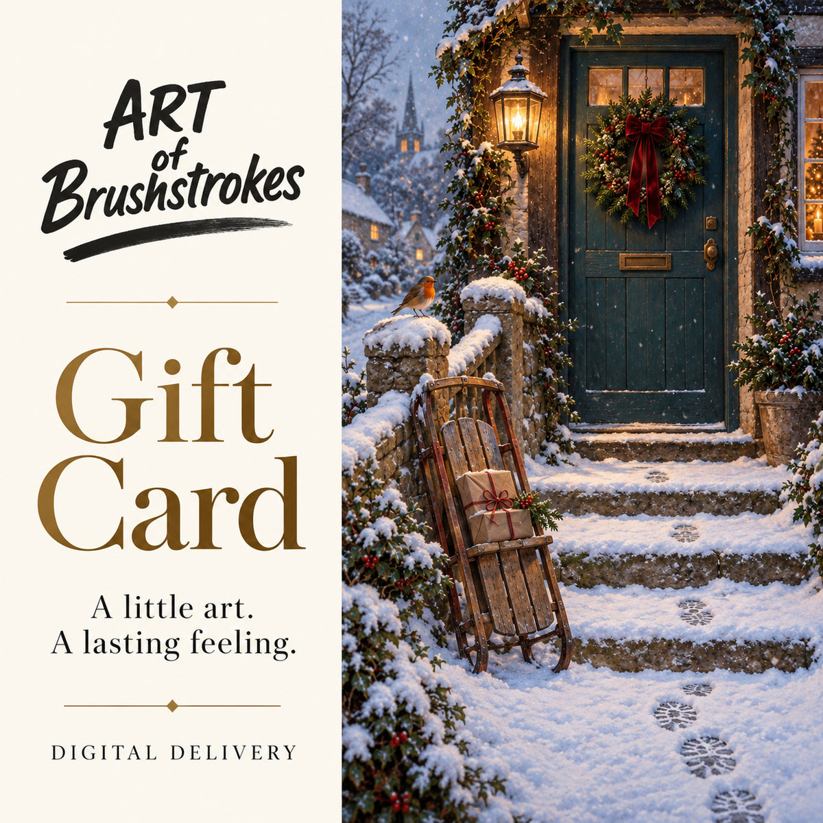 Art of Brushstrokes Digital Gift Card — Snowy Homecoming artwork, Gift Card title and store logo — 01