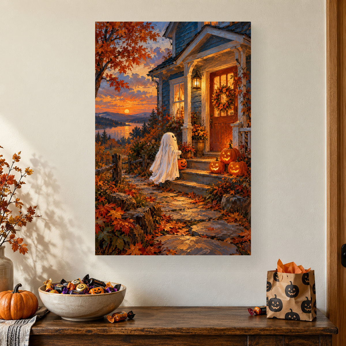 Ghost at the Pumpkin Porch canvas above a Halloween candy cabinet