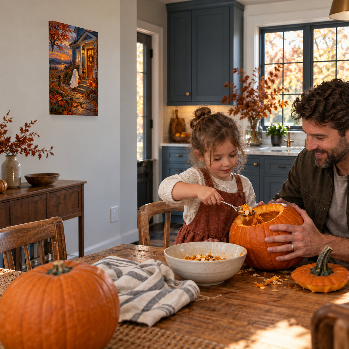 Ghost at the Pumpkin Porch canvas during father and daughter pumpkin carving
