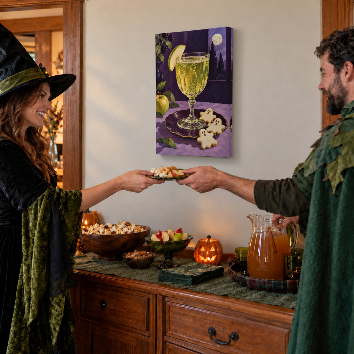 Midnight Apple Fizz canvas print during a Halloween costume party
