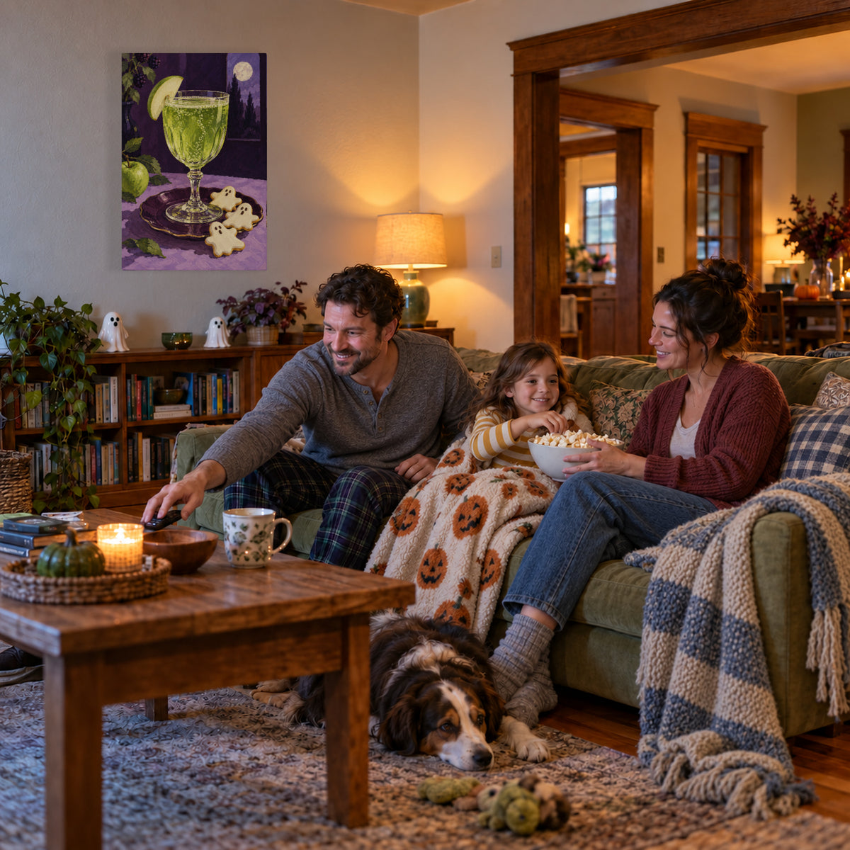 Midnight Apple Fizz canvas print during a family Halloween movie night