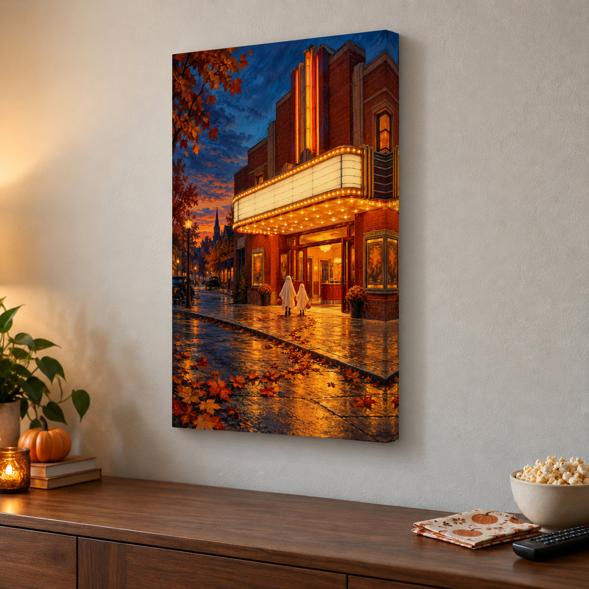 October Small-Town Cinema canvas print above a seasonal cabinet