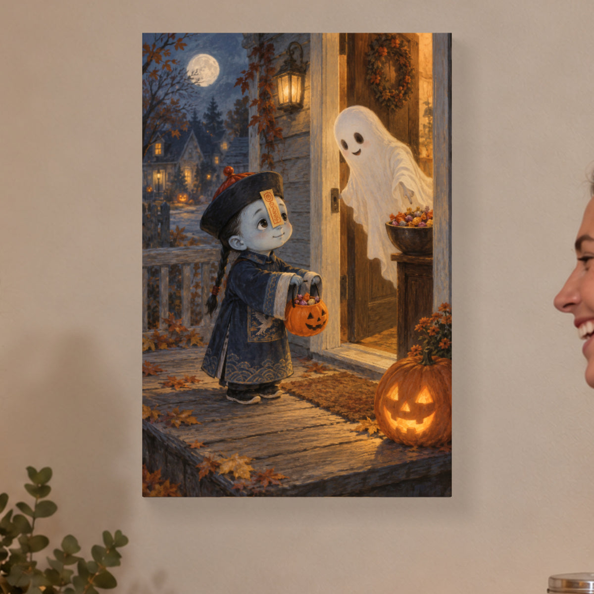 Little Jiangshi’s First Trick-or-Treat — Halloween Canvas Wall Art — complete unframed canvas artwork in a close lifestyle view; styling props not included