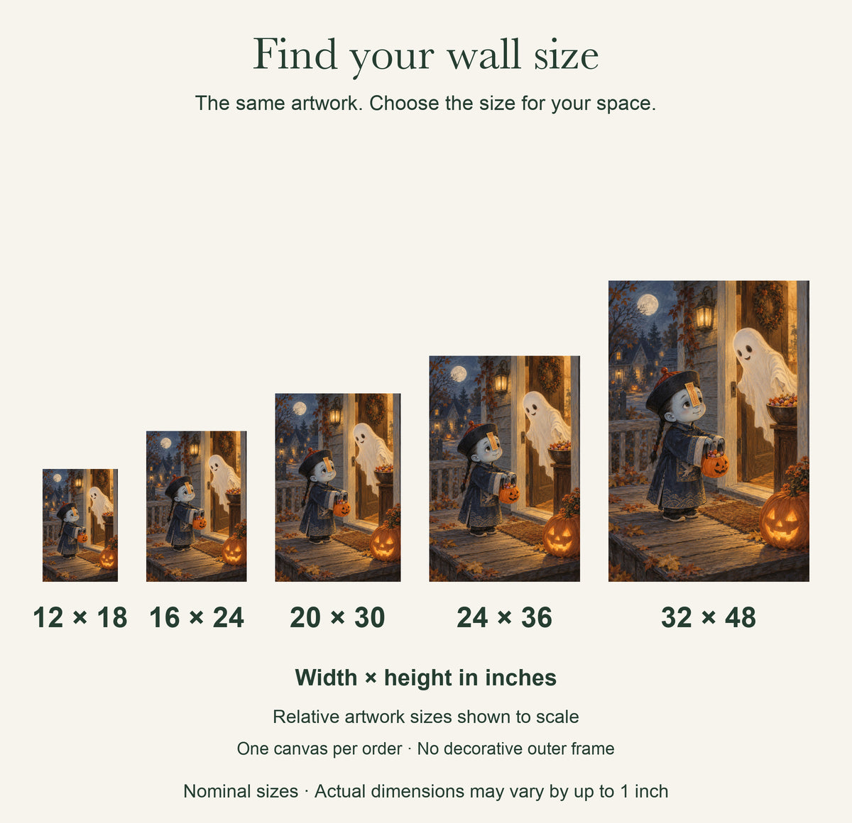 Little Jiangshi’s First Trick-or-Treat — Halloween Canvas Wall Art — artwork size comparison, width × height in inches — Image 11