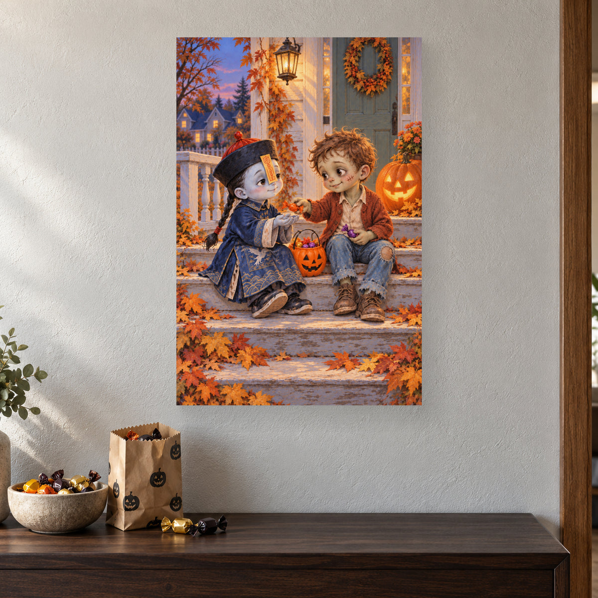 Sweet & Spooky Zombie Friends canvas above a seasonal cabinet