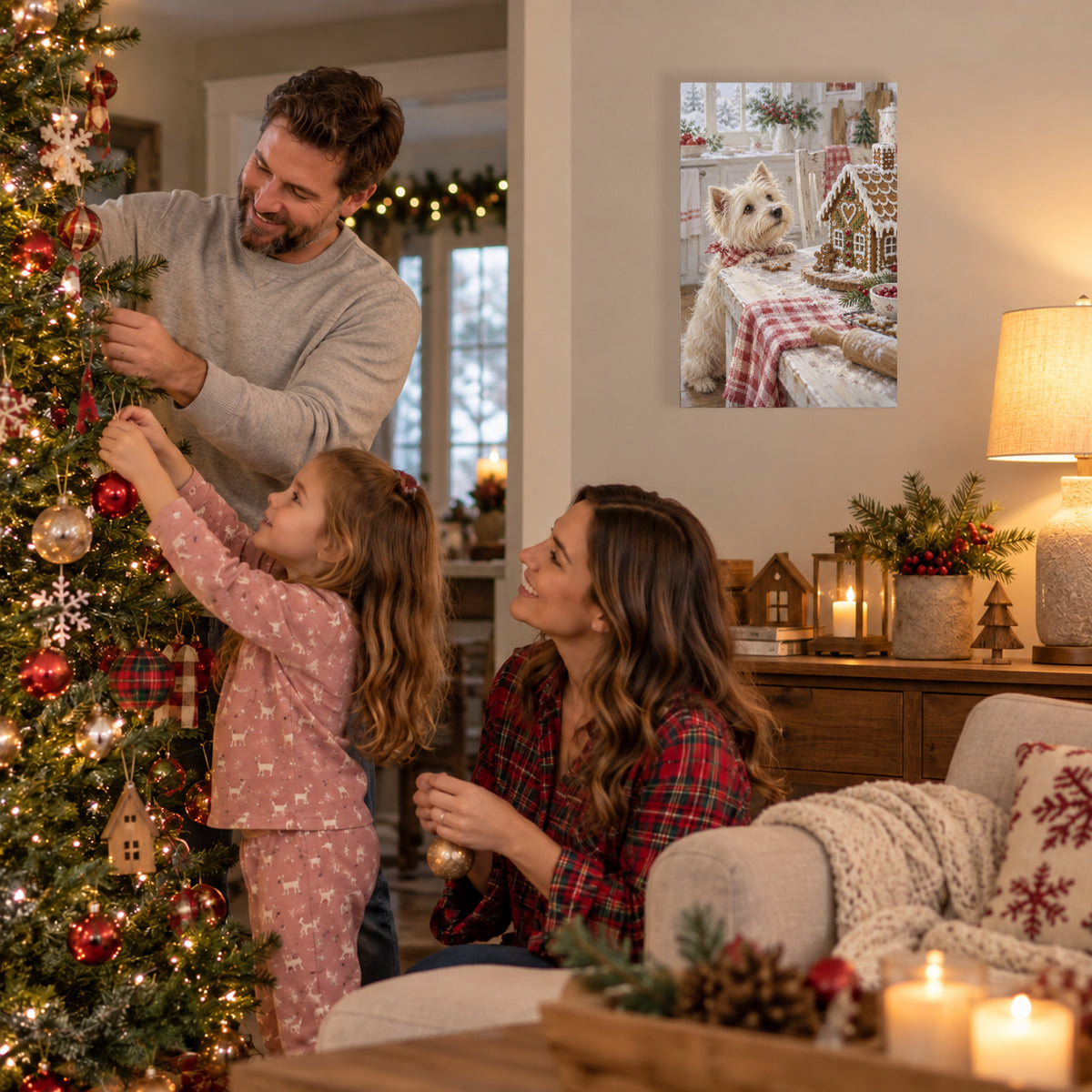 Gingerbread Kitchen Helpers canvas print during family Christmas tree decorating