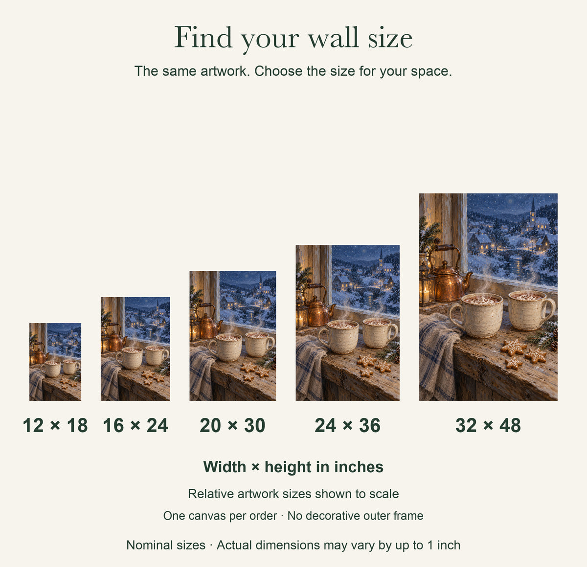 Snowy Night Hot Cocoa — Christmas Canvas Wall Art — artwork size comparison, width × height in inches — Image 11
