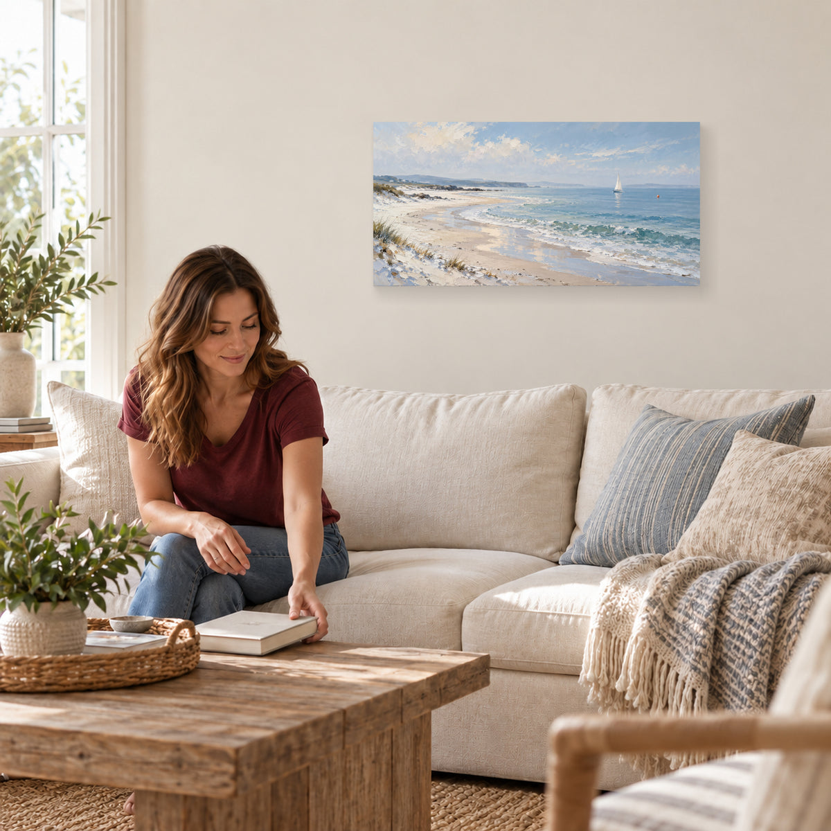 Light Left by the Tide 32 by 16 inch canvas print above a sofa while arranging books