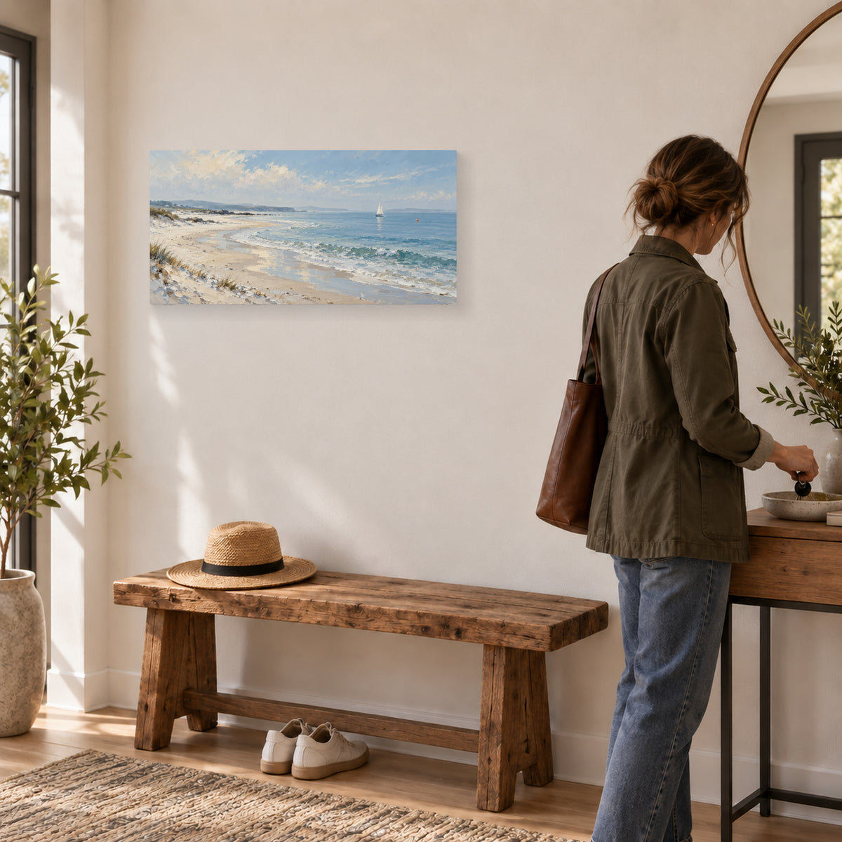 Light Left by the Tide 32 by 16 inch canvas print above an entryway bench