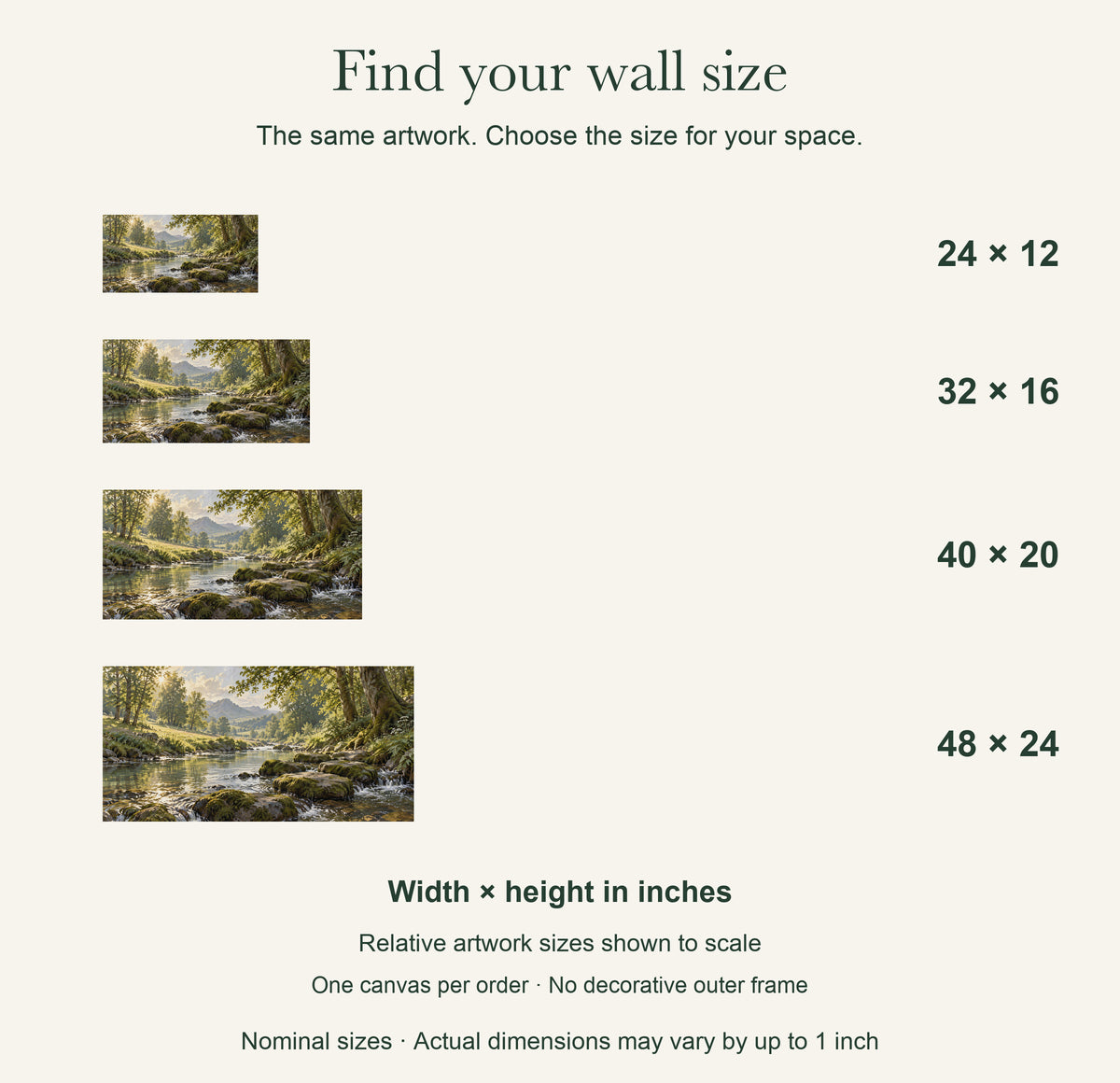 Morning Woodland Stream — Landscape Canvas Wall Art — artwork size comparison, width × height in inches — Image 11