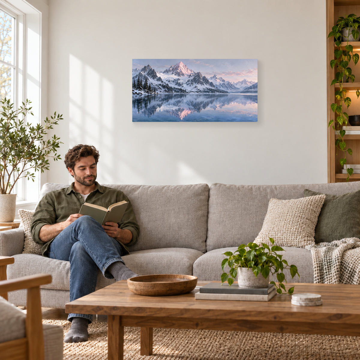 First Light at the Alpine Lake 32 by 16 inch canvas print above a sofa during reading
