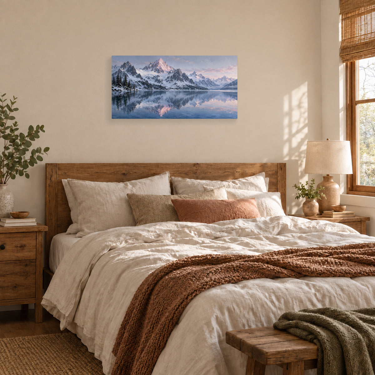 First Light at the Alpine Lake 32 by 16 inch canvas print above a guest bed