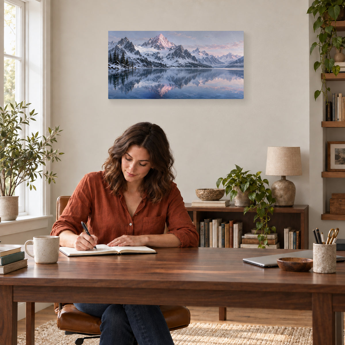First Light at the Alpine Lake 32 by 16 inch canvas print in a home study