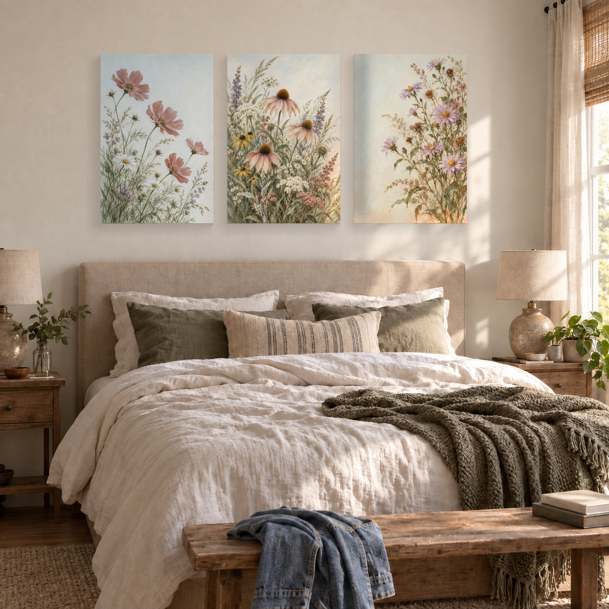 Wildflowers Through Three Seasons triptych canvas prints above a guest bed