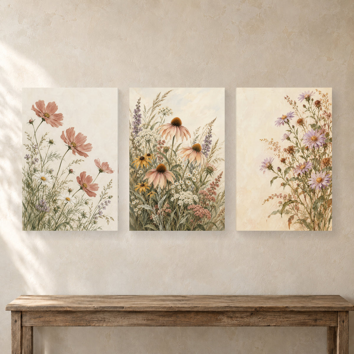 Wildflowers Through Three Seasons — Landscape Canvas Wall Art Set of 3 — complete canvas display on a textured wall; Shopify lifestyle main image